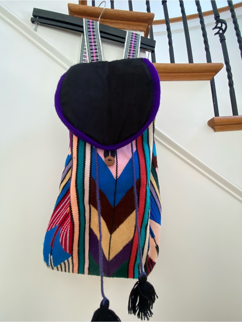 Handwoven Multicolor Chevron Backpack with Black Flap